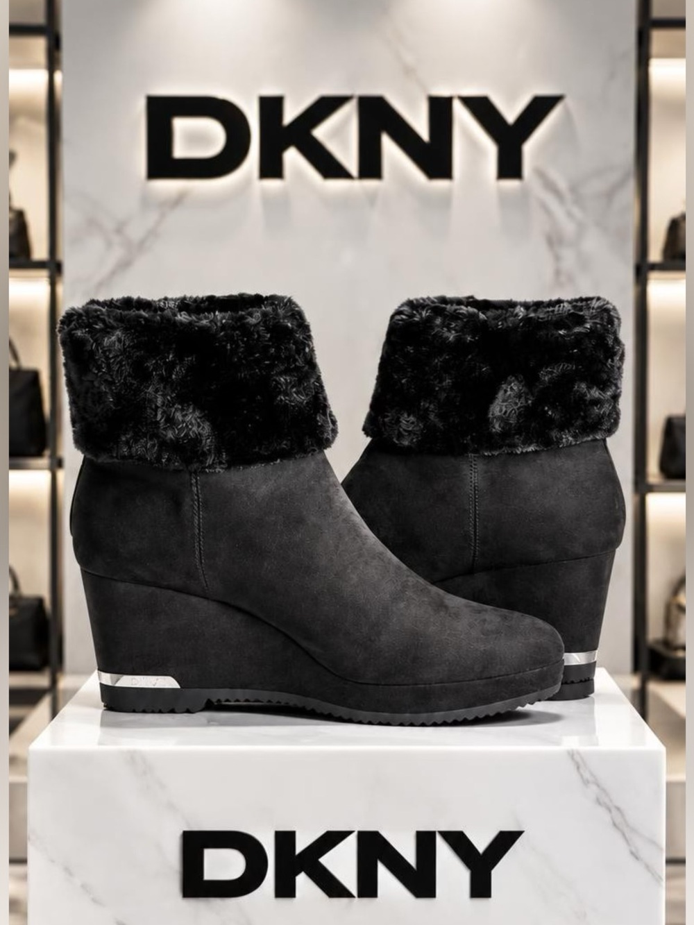DKNY Black Nadra Faux Fur Cuff Wedge Ankle Boots with Silver Accent